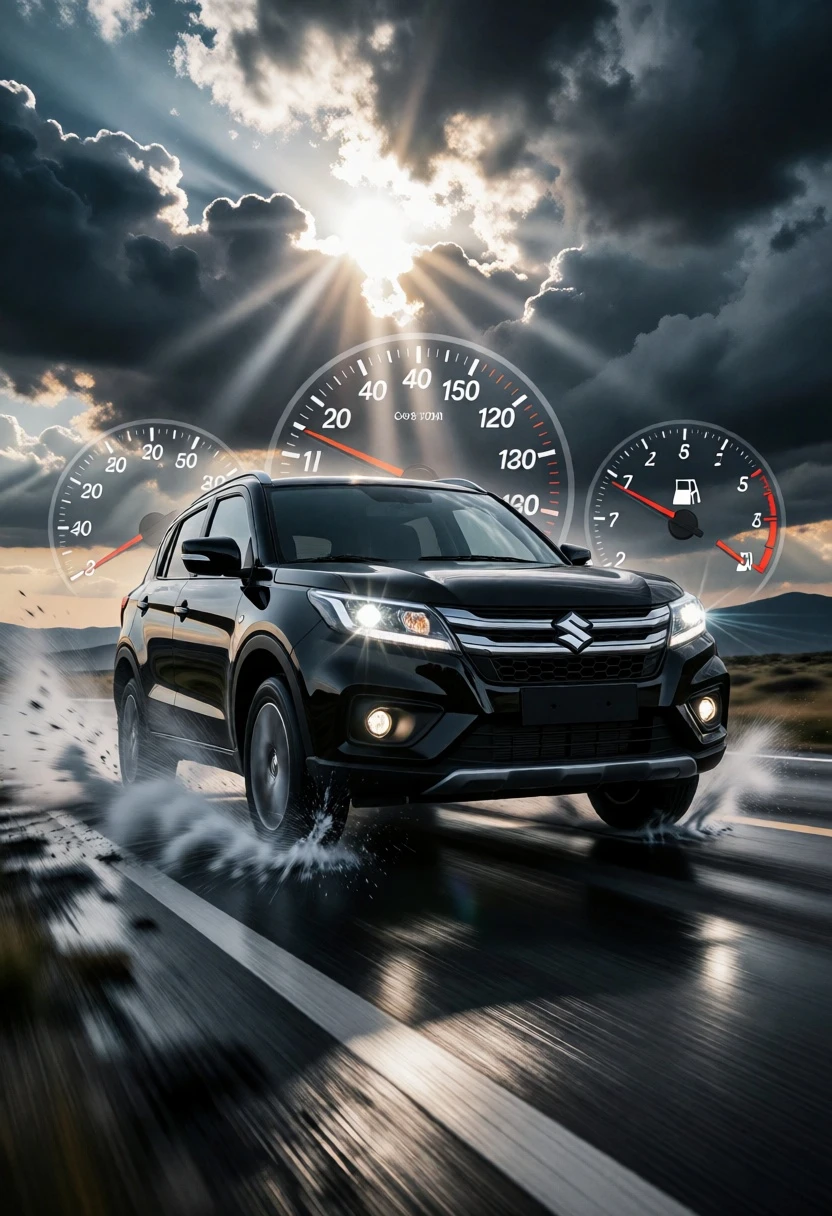 Black suzuki suv speeding on wet asphalt road under dramatic stormy sky - AI generated image prompt sample