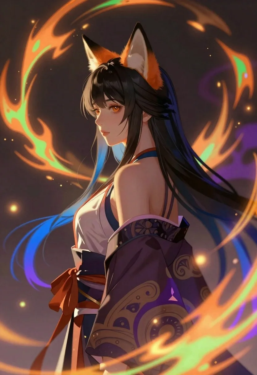 Fantasy girl with fox ears and kimono among colored flames