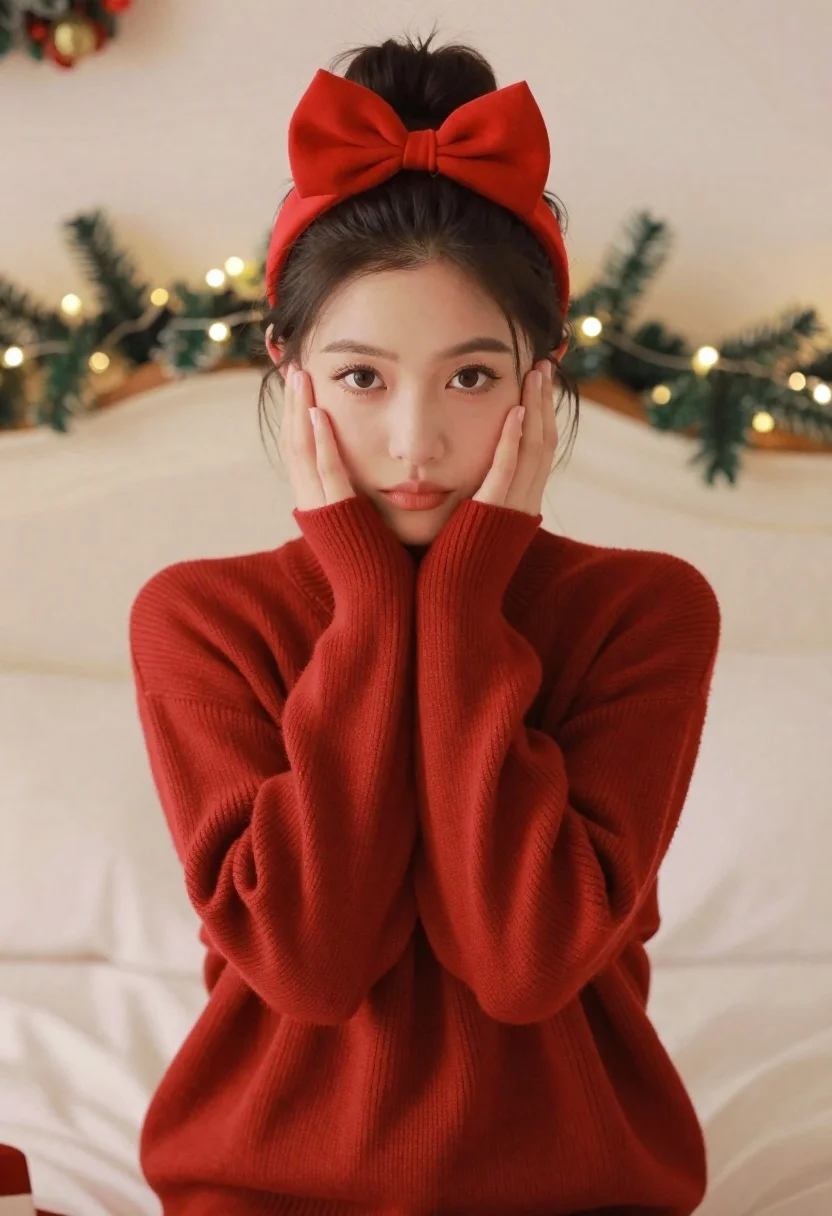 Young woman in red sweater sitting on bed during christmas season - AI generated image prompt sample