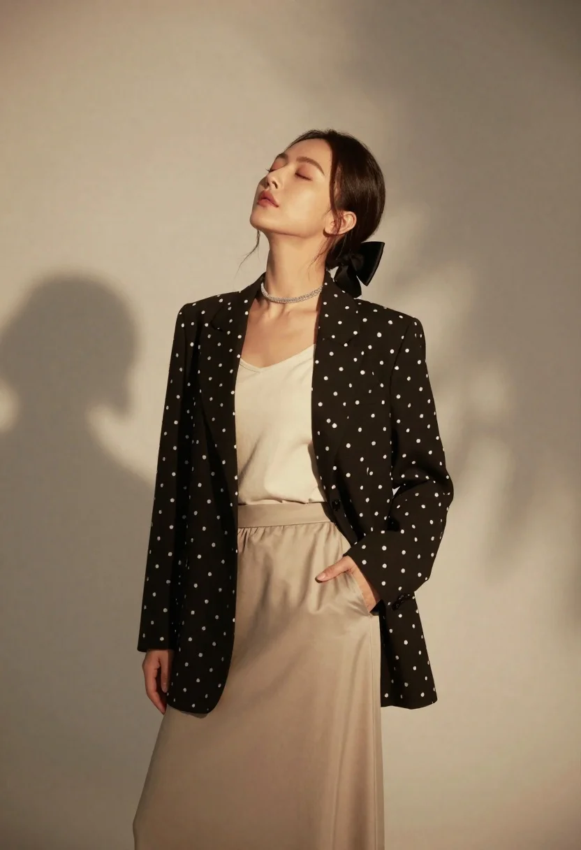 Woman in black blazer and beige skirt against textured studio backdrop