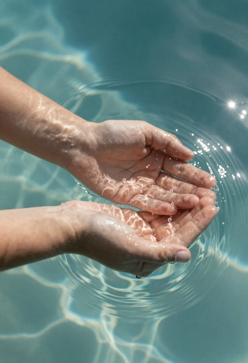 Hands cupped in clear water under sunlight