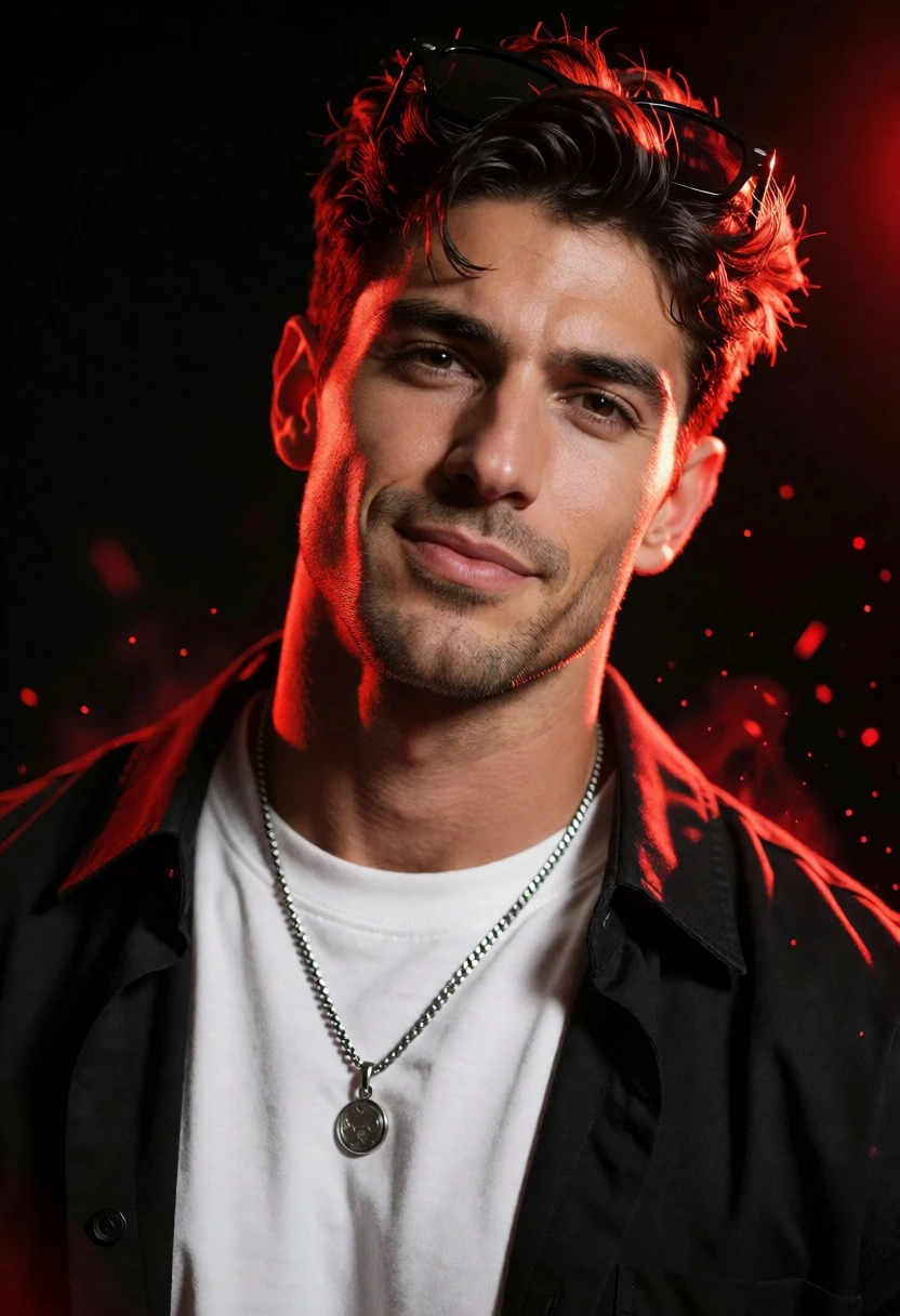 Medium close up portrait of man with dark hair against black background - AI generated image prompt sample