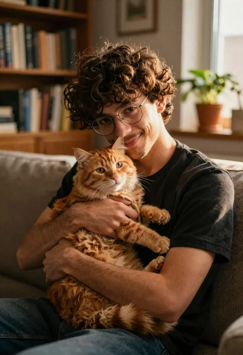 Young man with ginger cat on couch in warmly lit living room - AI generated image prompt sample