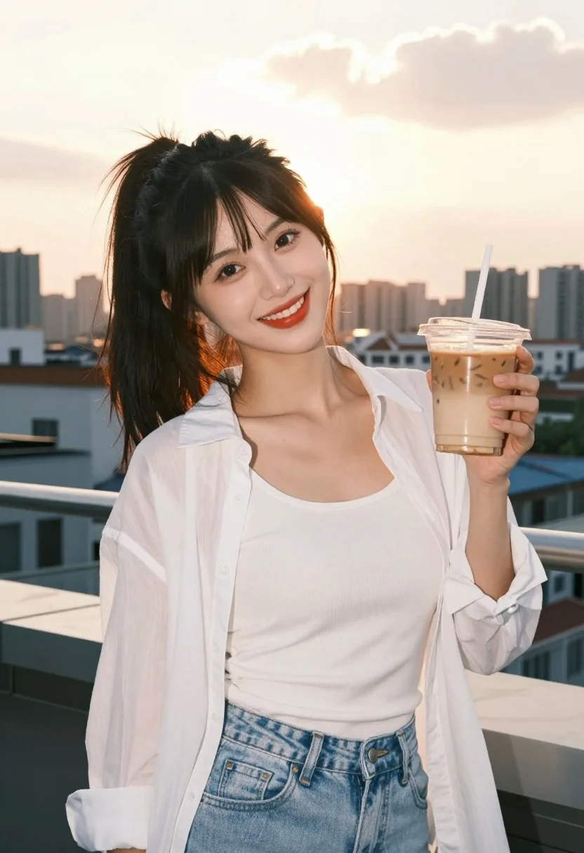 Smiling young east asian woman on rooftop terrace holding iced coffee drink - AI generated image prompt sample