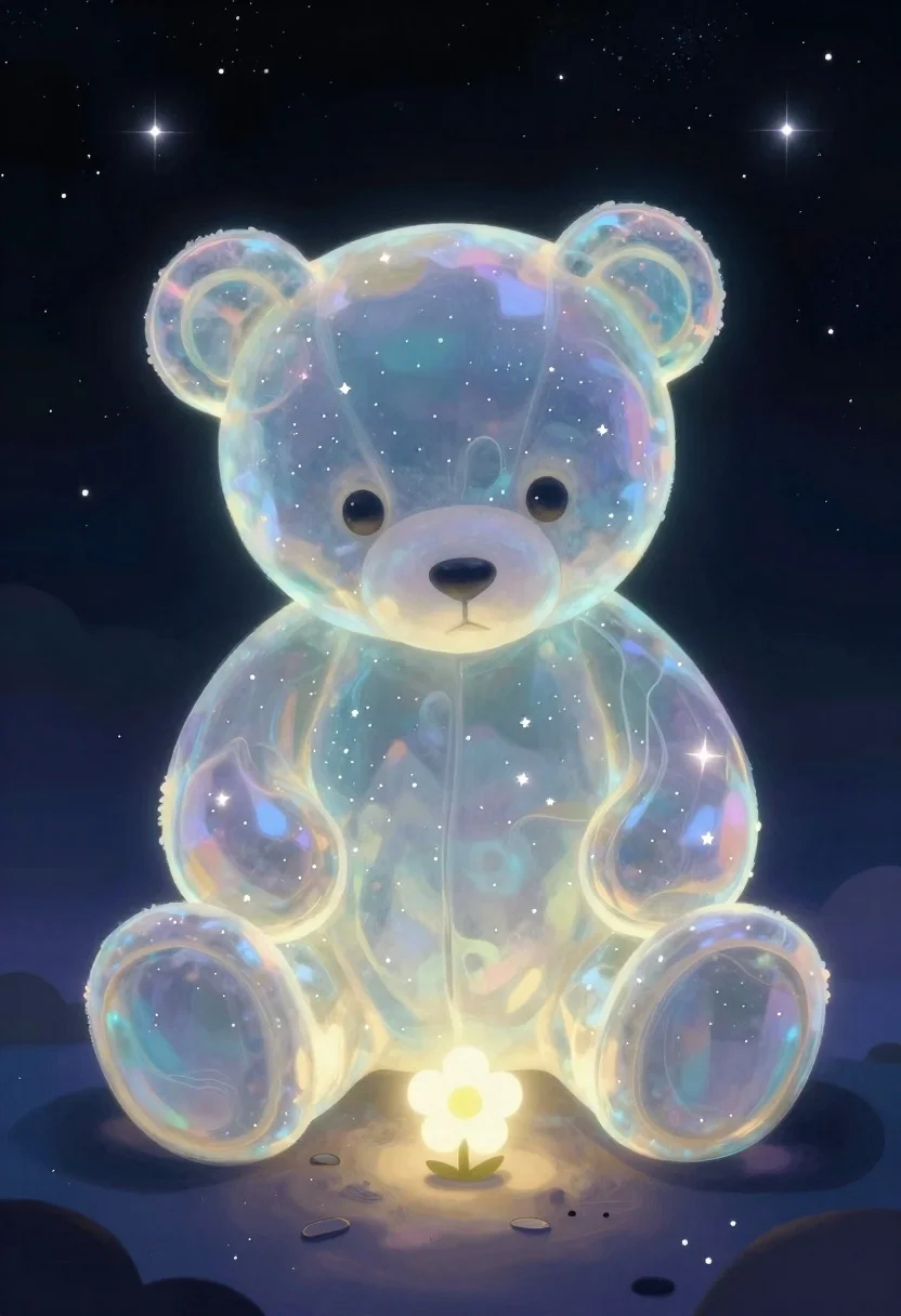 Translucent cosmic teddy bear in outer space