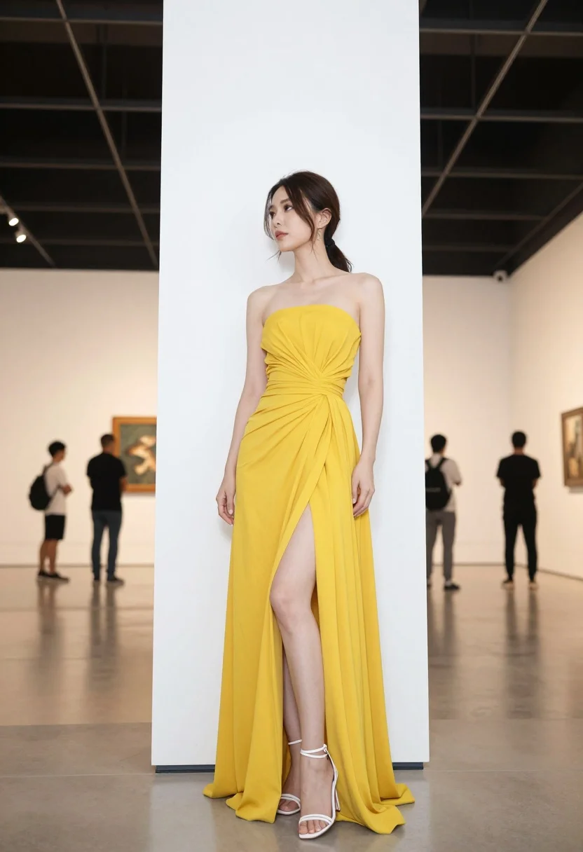 Woman in yellow dress leaning against pillar in bright art gallery setting - AI generated image prompt sample