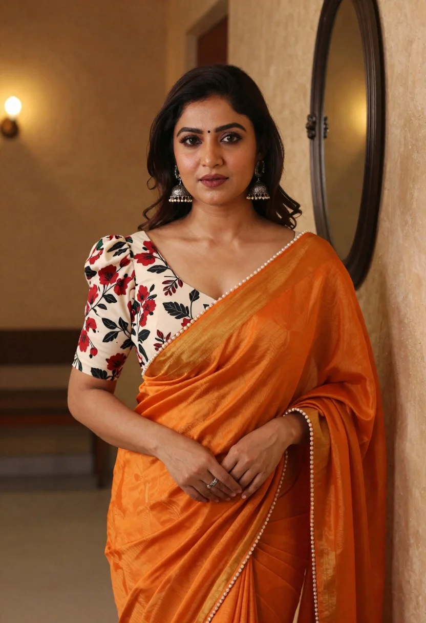 Woman in orange saree with pearl trim standing indoors softly