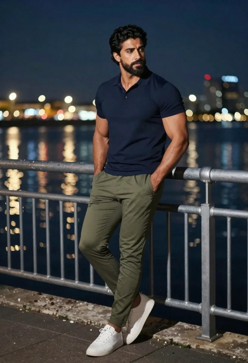 Muscular man leaning on railing overlooking vibrant city skyline at night - AI generated image prompt sample
