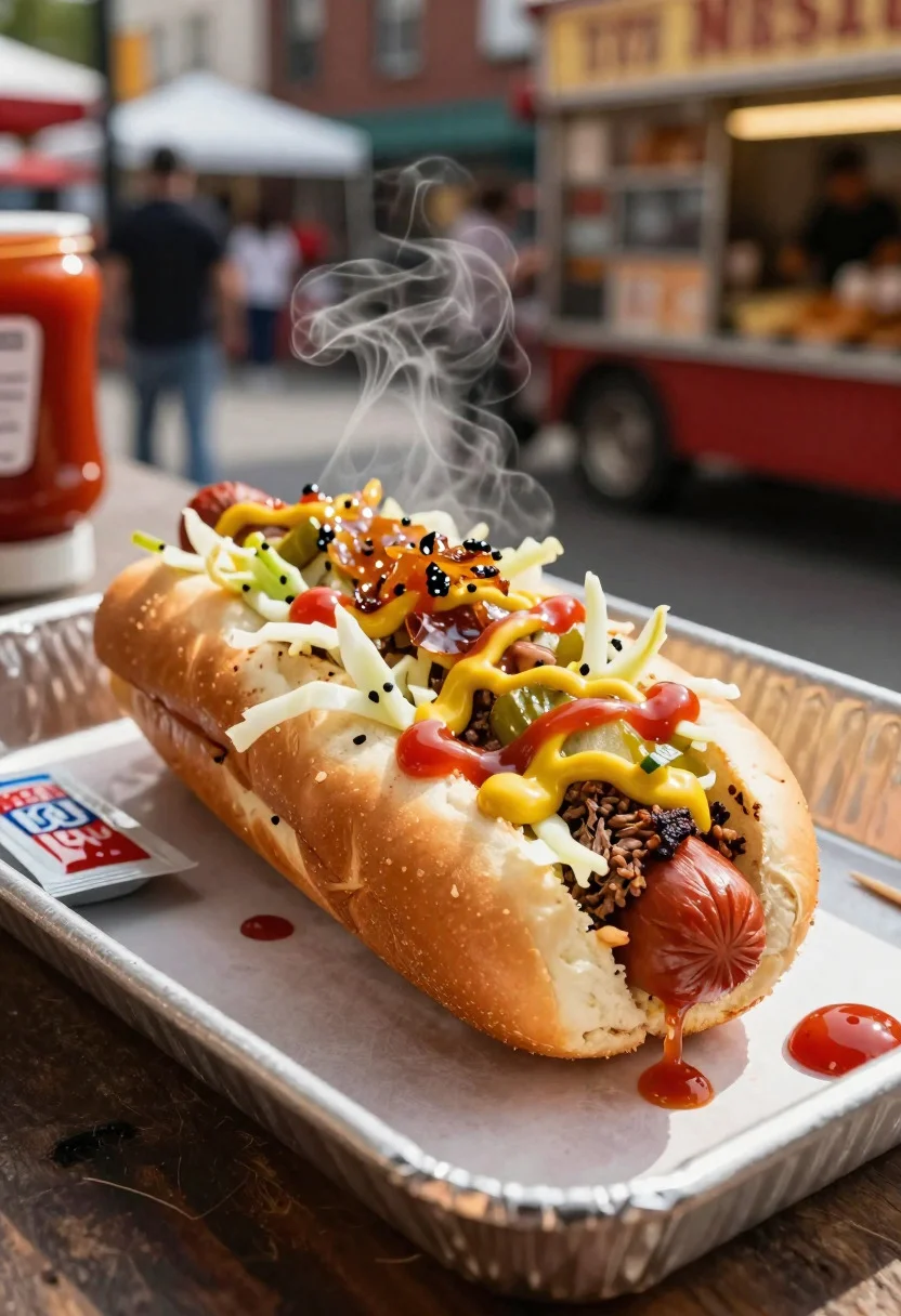 Close up of loaded hotdog with slaw mustard ketchup and onions