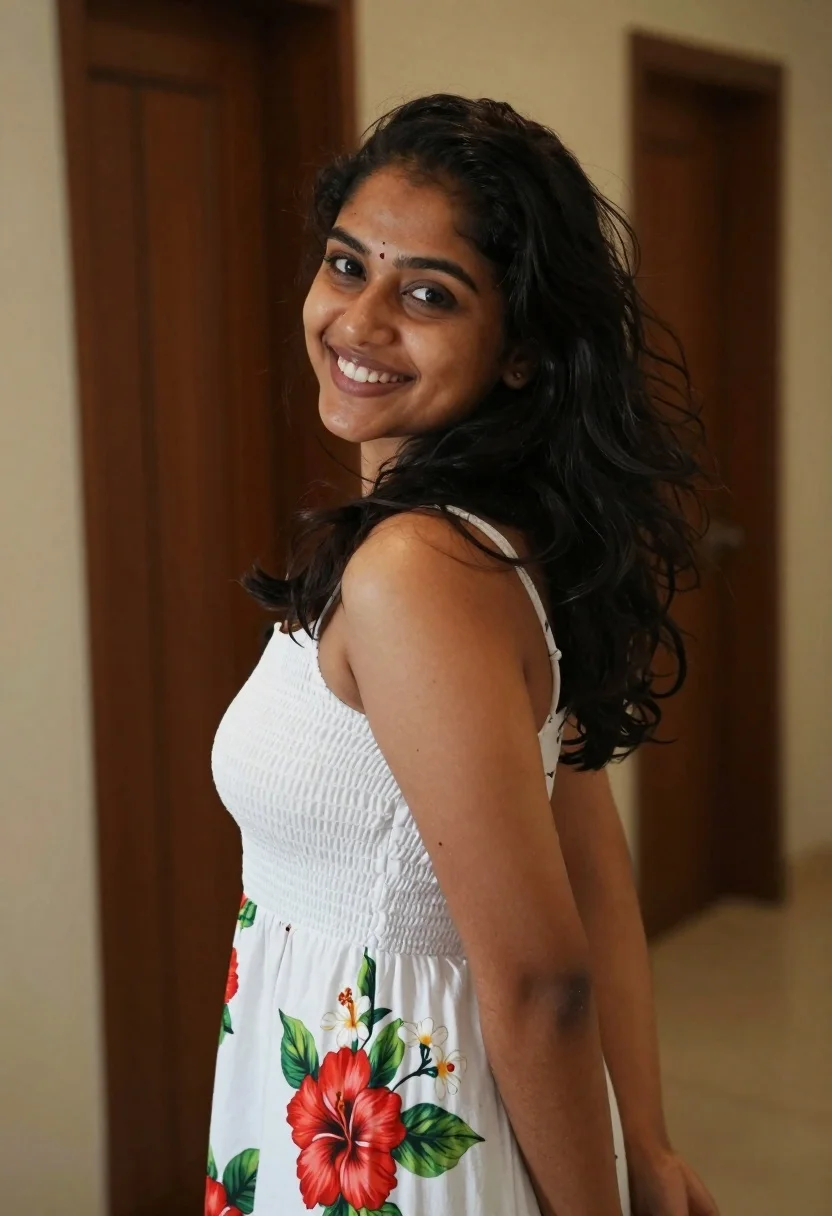 Smiling young woman in floral dress looking over shoulder indoors