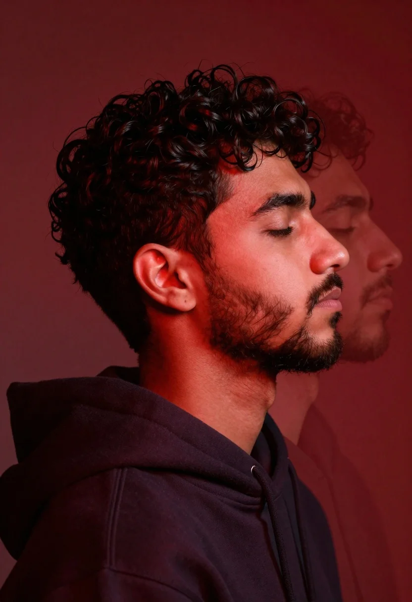 Profile portrait of young man with dark curly hair in red light - AI generated image prompt sample