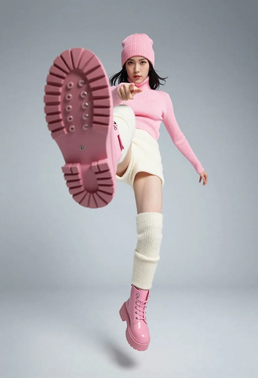 Woman in pink knit beanie midair acrobatic pose
