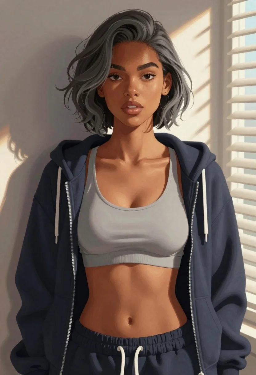 Young woman with gray hair by an indoor window