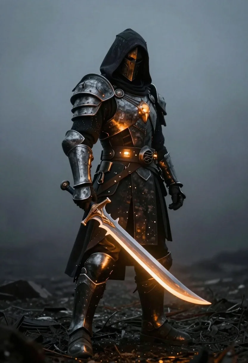 Warrior in dark metal armor with glowing sword