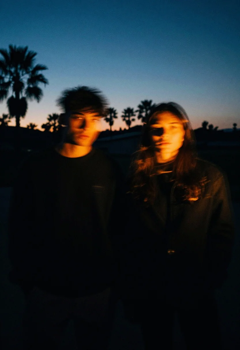 Two silhouetted figures in motion blur against twilight palm trees - AI generated image prompt sample