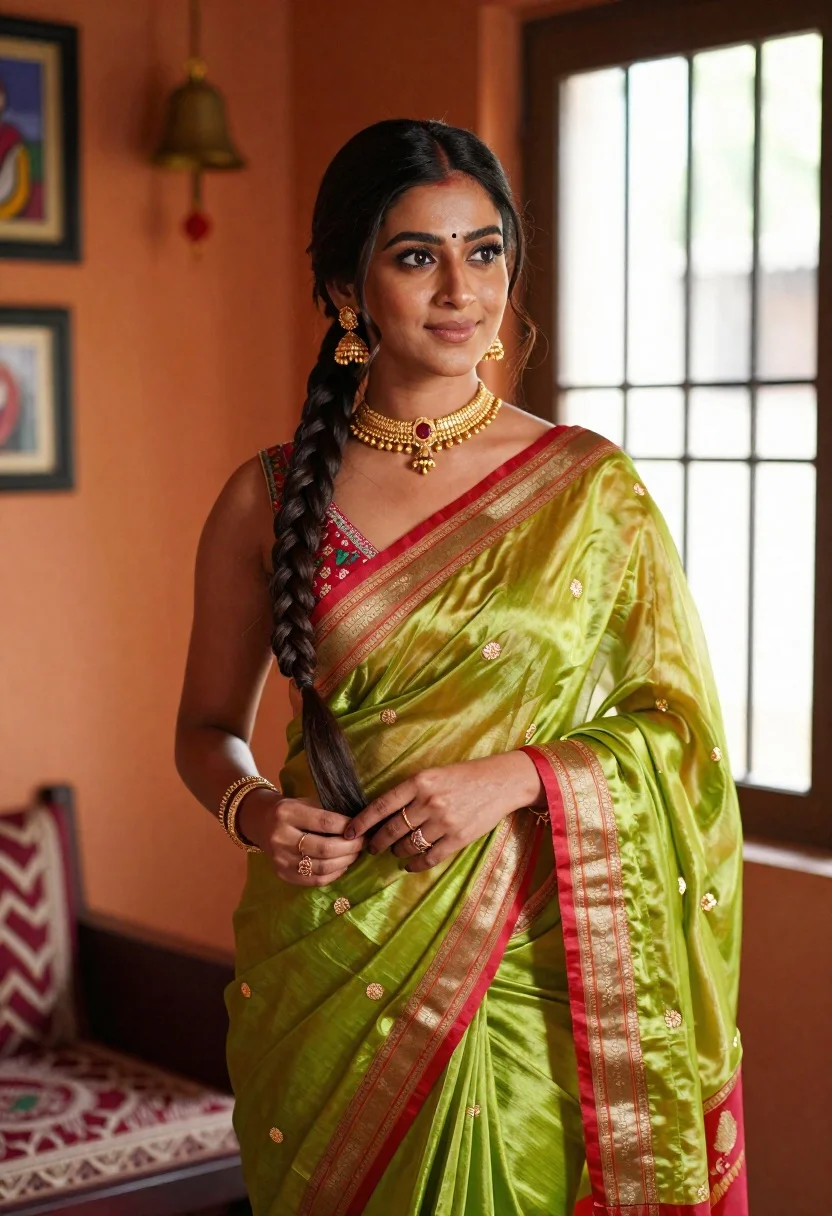 Young woman in green silk saree standing indoors with natural light