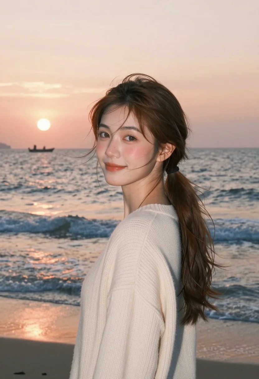 Young woman with brown hair in cream sweater on beach at sunset - AI generated image prompt sample