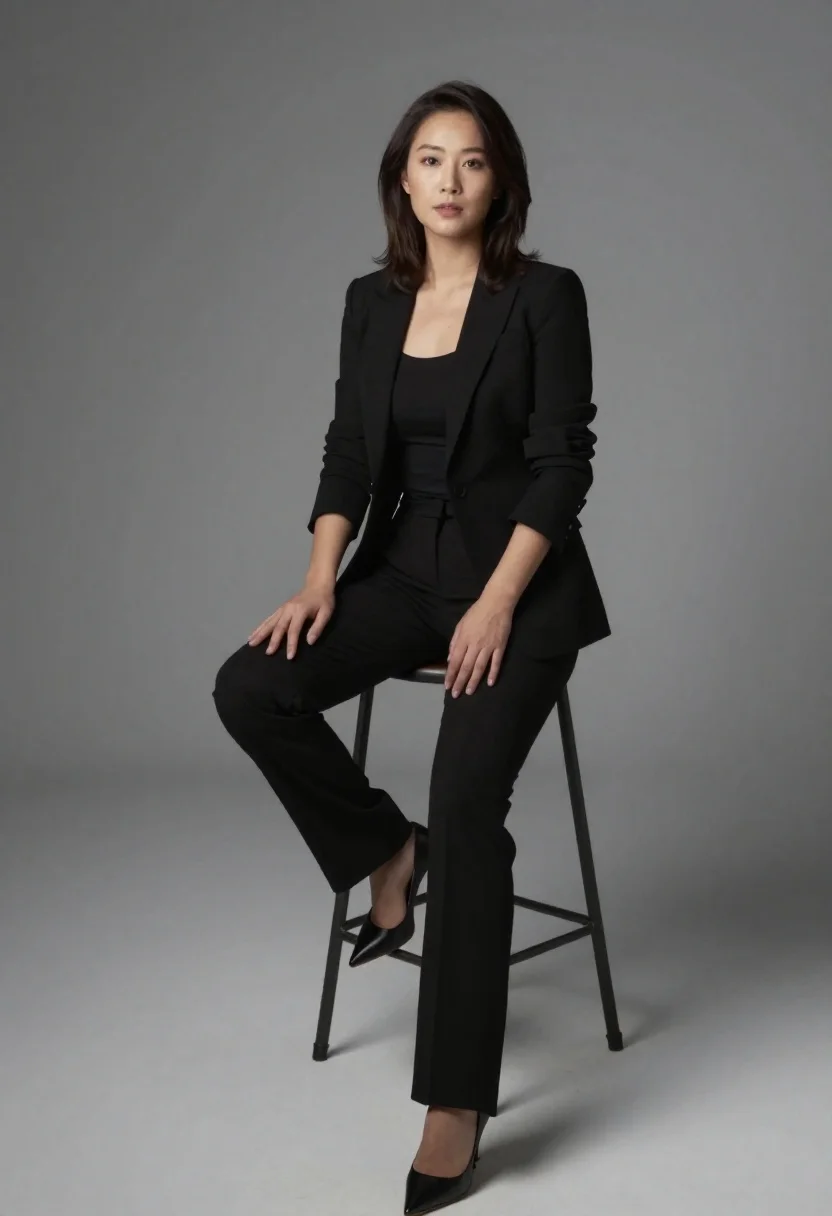 Woman in black professional attire seated on metal stool