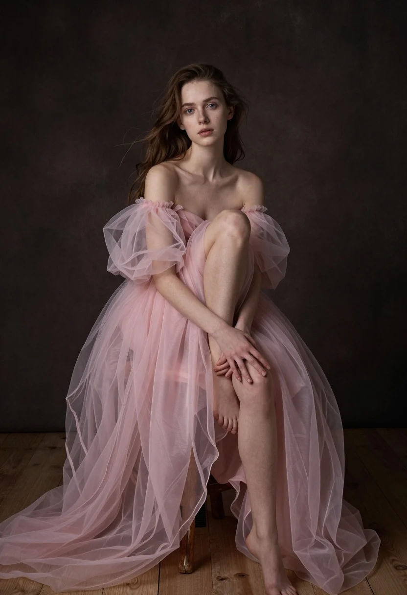 Young woman in pink tulle gown sitting on wooden stool against dark - AI generated image prompt sample