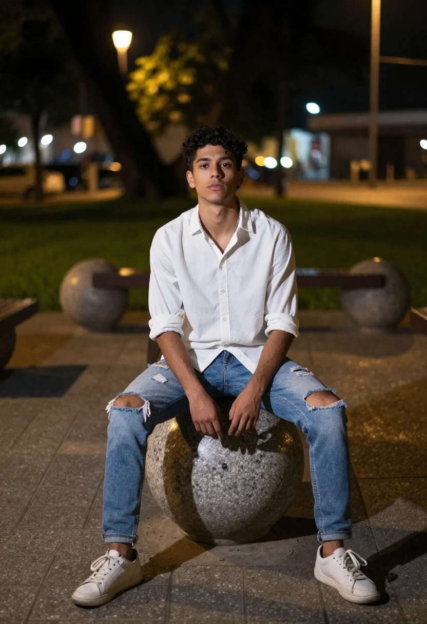 Young man sitting on stone bench in urban park at night - AI generated image prompt sample