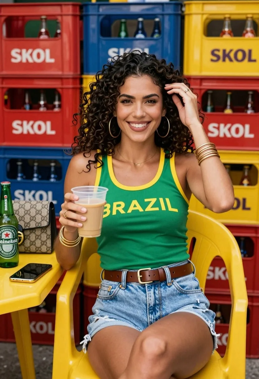 Smiling woman in green tank top sitting outdoors with branded crates background - AI generated image prompt sample