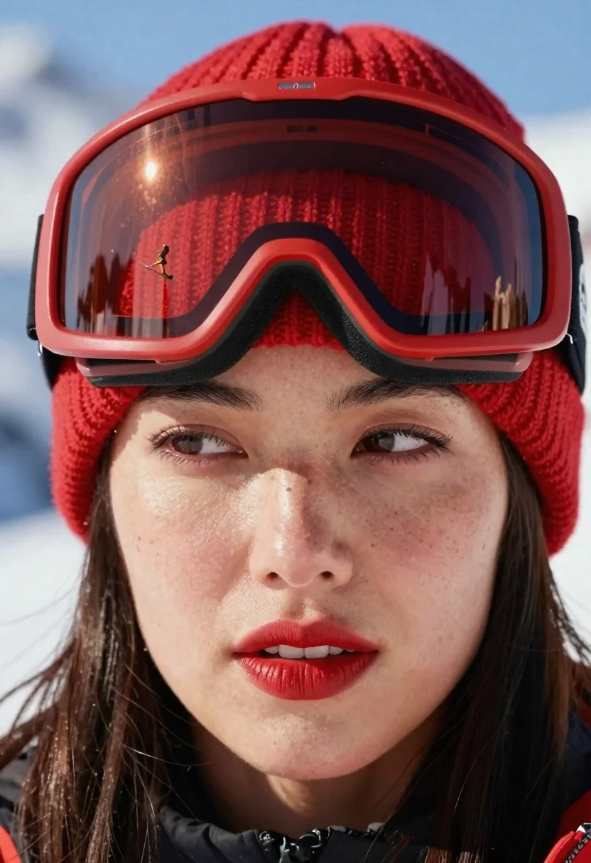 Closeup portrait of woman with red ski goggles reflecting snowy mountains - AI generated image prompt sample
