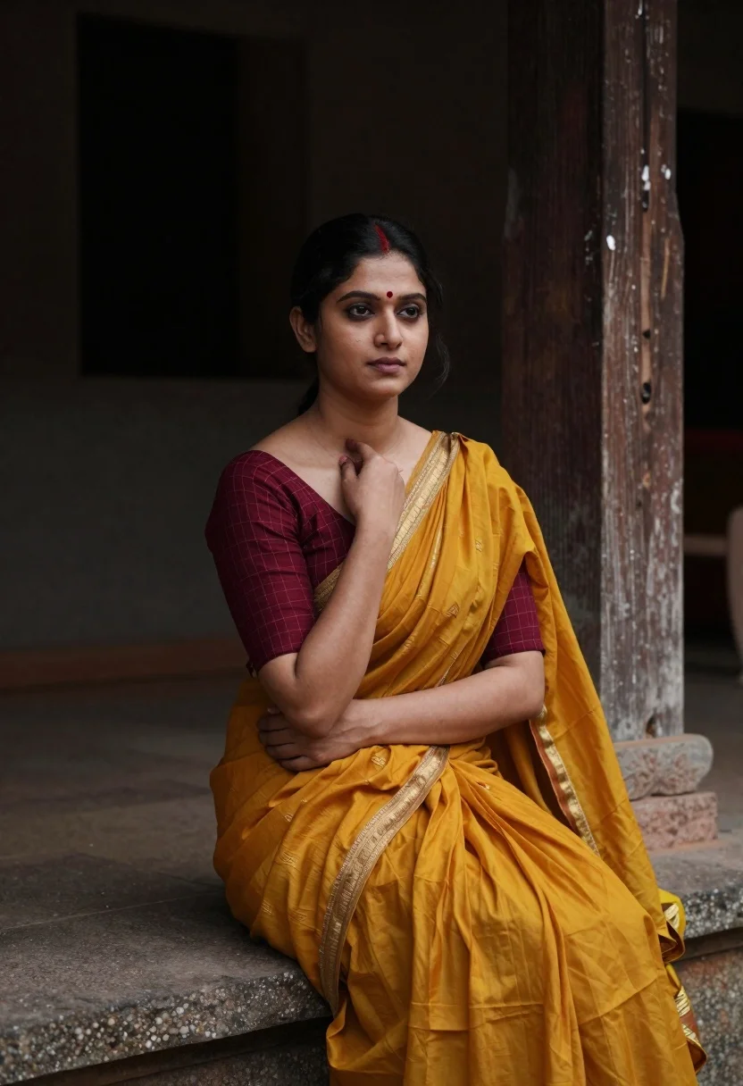 Young woman in maroon saree on stone ledge near weathered wooden pillar