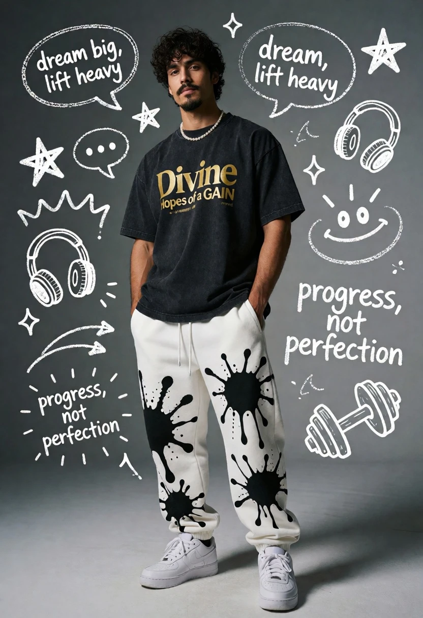 Young man standing against chalk doodles on a gray wall - AI generated image prompt sample
