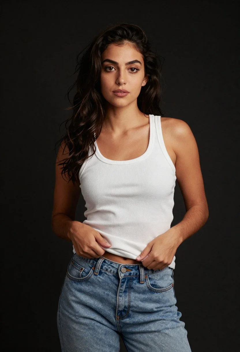 Young woman in white tank top and denim jeans against black background