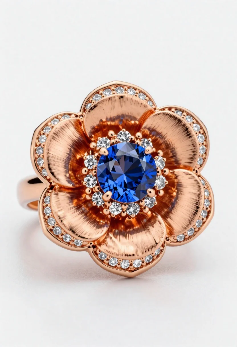 Macro shot of a floral ring with blue sapphire - AI generated image prompt sample