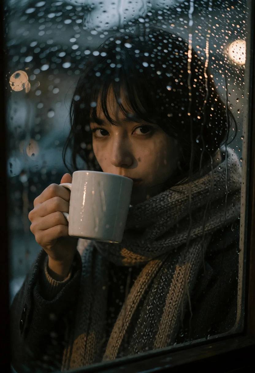 Young woman with dark hair at rain streaked window on a moody - AI generated image prompt sample