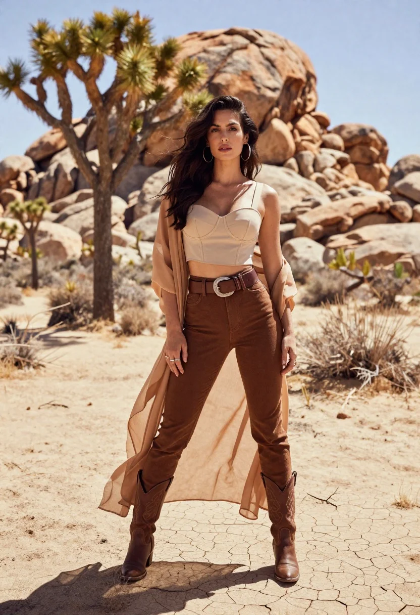 Confident woman in beige crop top and brown trousers standing on cracked - AI generated image prompt sample