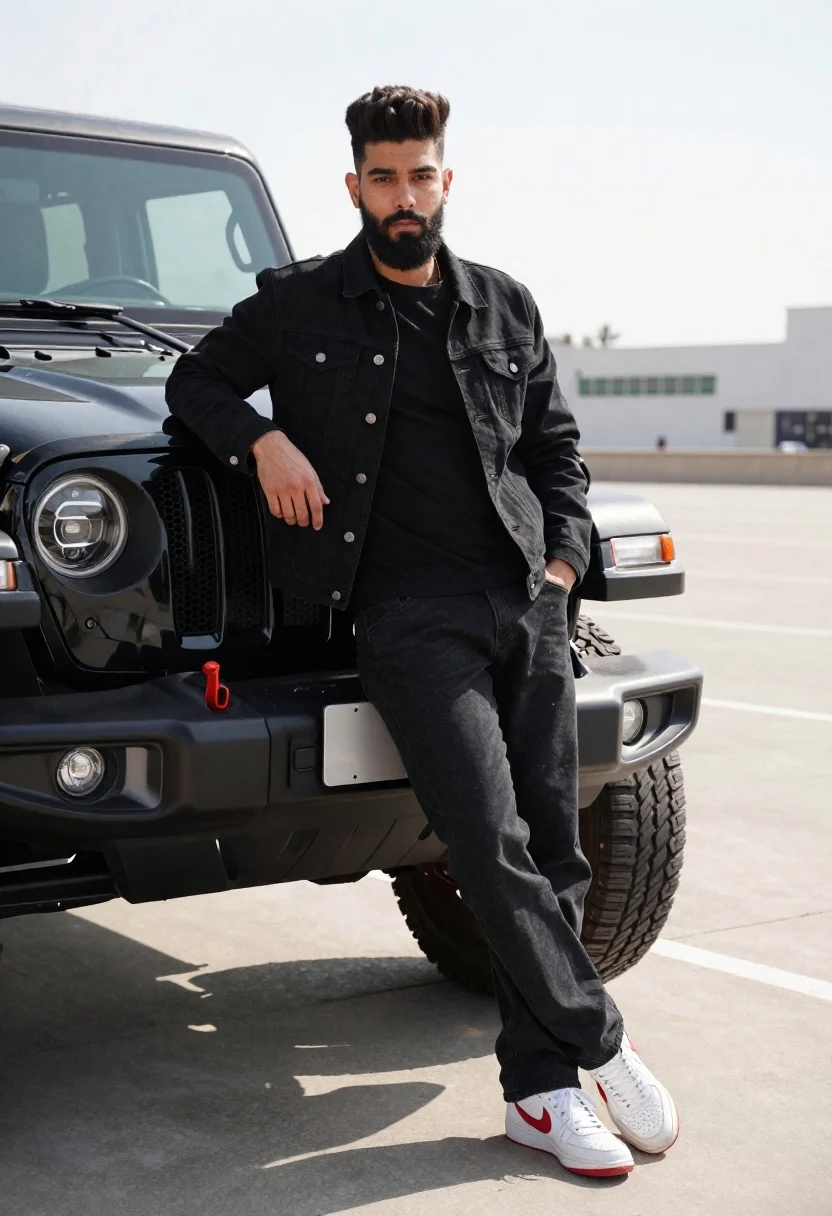 Young man leaning against black off road vehicle in paved lot - AI generated image prompt sample