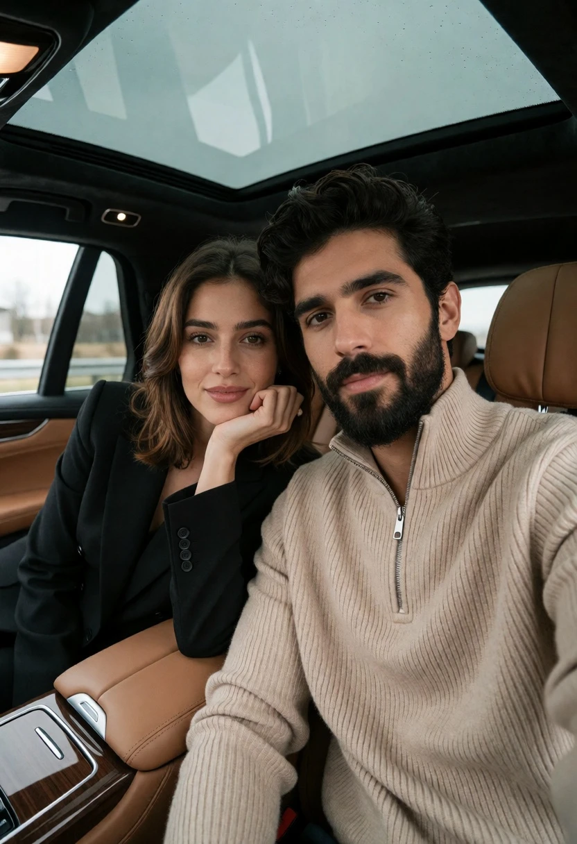 Couple taking selfie in luxury car interior under overcast sky - AI generated image prompt sample