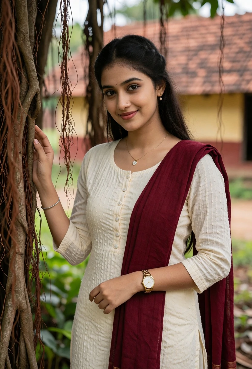 Young woman in kurta leaning on tree roots near village structure outdoors - AI generated image prompt sample
