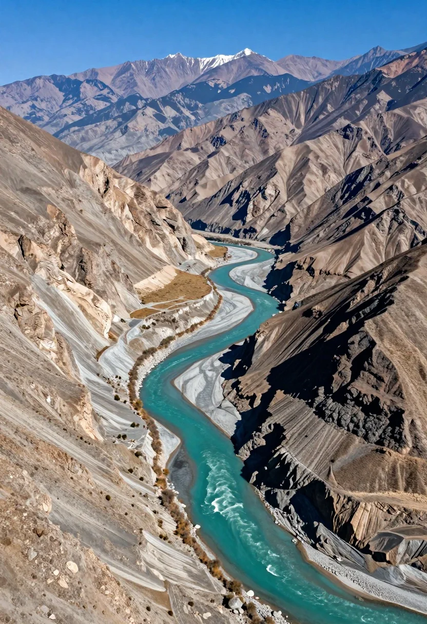 Vast aerial view of turquoise river winding through deep arid canyon mountains - AI generated image prompt sample