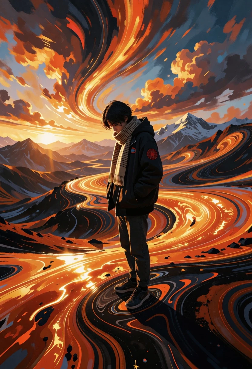 Solitary figure on undulating orange landscape under dramatic fiery sky - AI generated image prompt sample