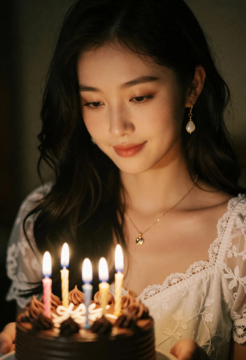 Close up portrait of woman gazing at lit candles on chocolate birthday - AI generated image prompt sample