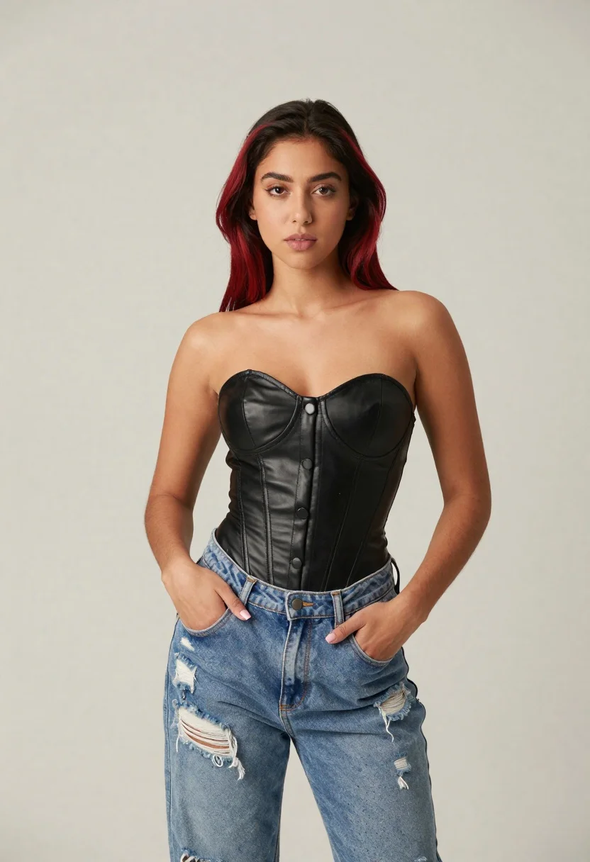 Young woman in black corset and ripped jeans against light beige background