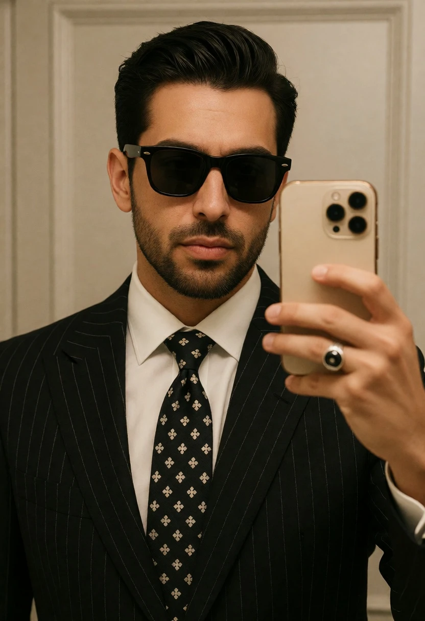 Man taking mirror selfie in black pinstriped suit against paneled wall - AI generated image prompt sample