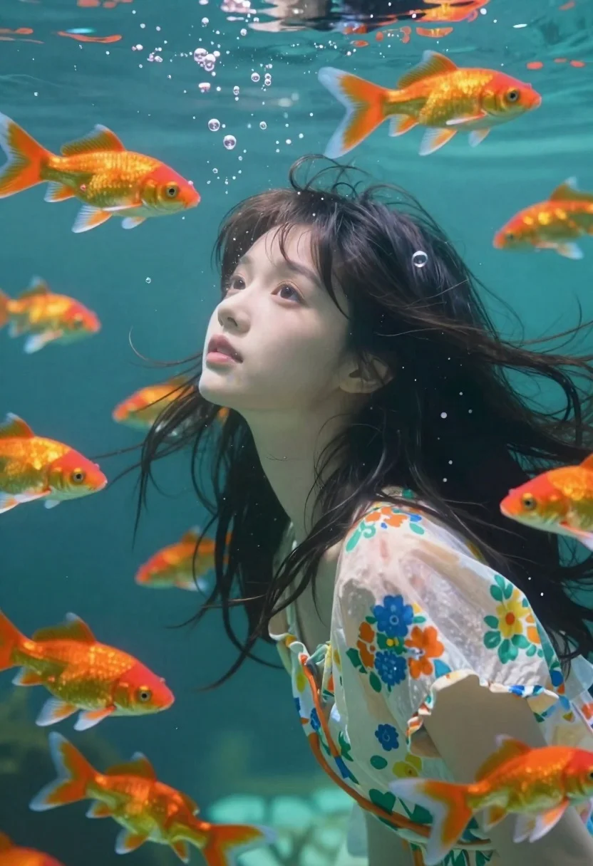 Ethereal woman submerged in turquoise water with koi fish - AI generated image prompt sample
