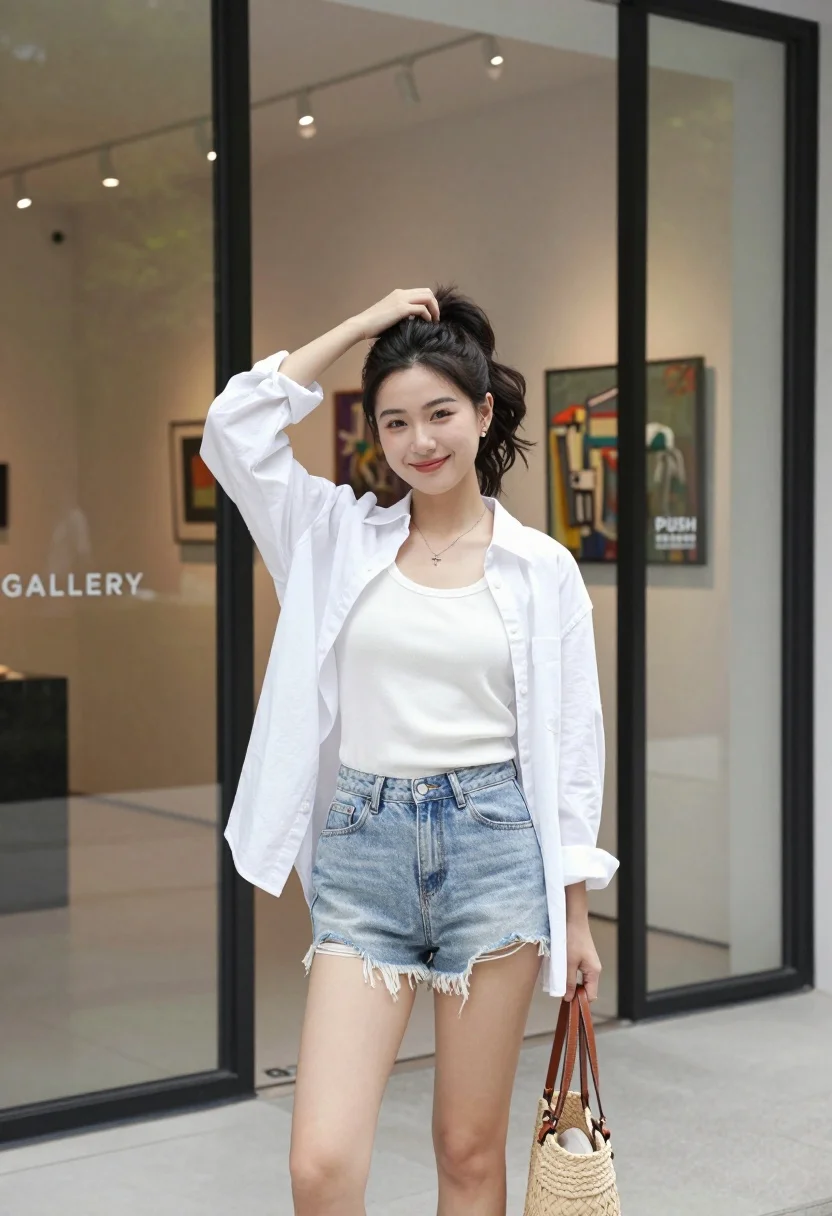 Young east asian woman smiling outside modern gallery storefront entrance - AI generated image prompt sample