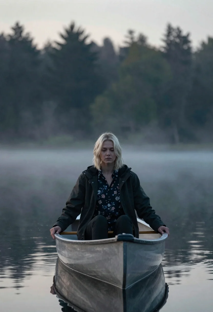 Young woman in dark jacket sits alone in wooden canoe on misty - AI generated image prompt sample
