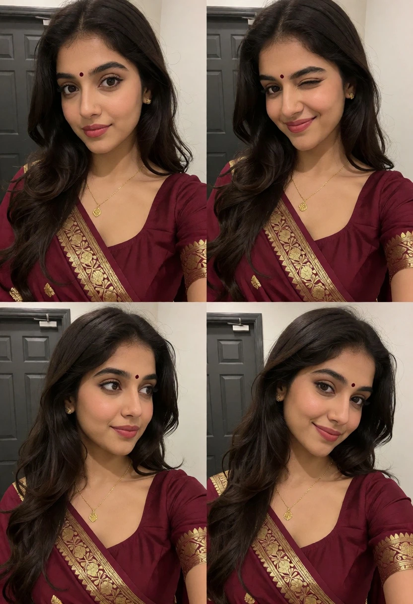 Collage of four portrait selfies featuring woman in maroon saree indoors - AI generated image prompt sample