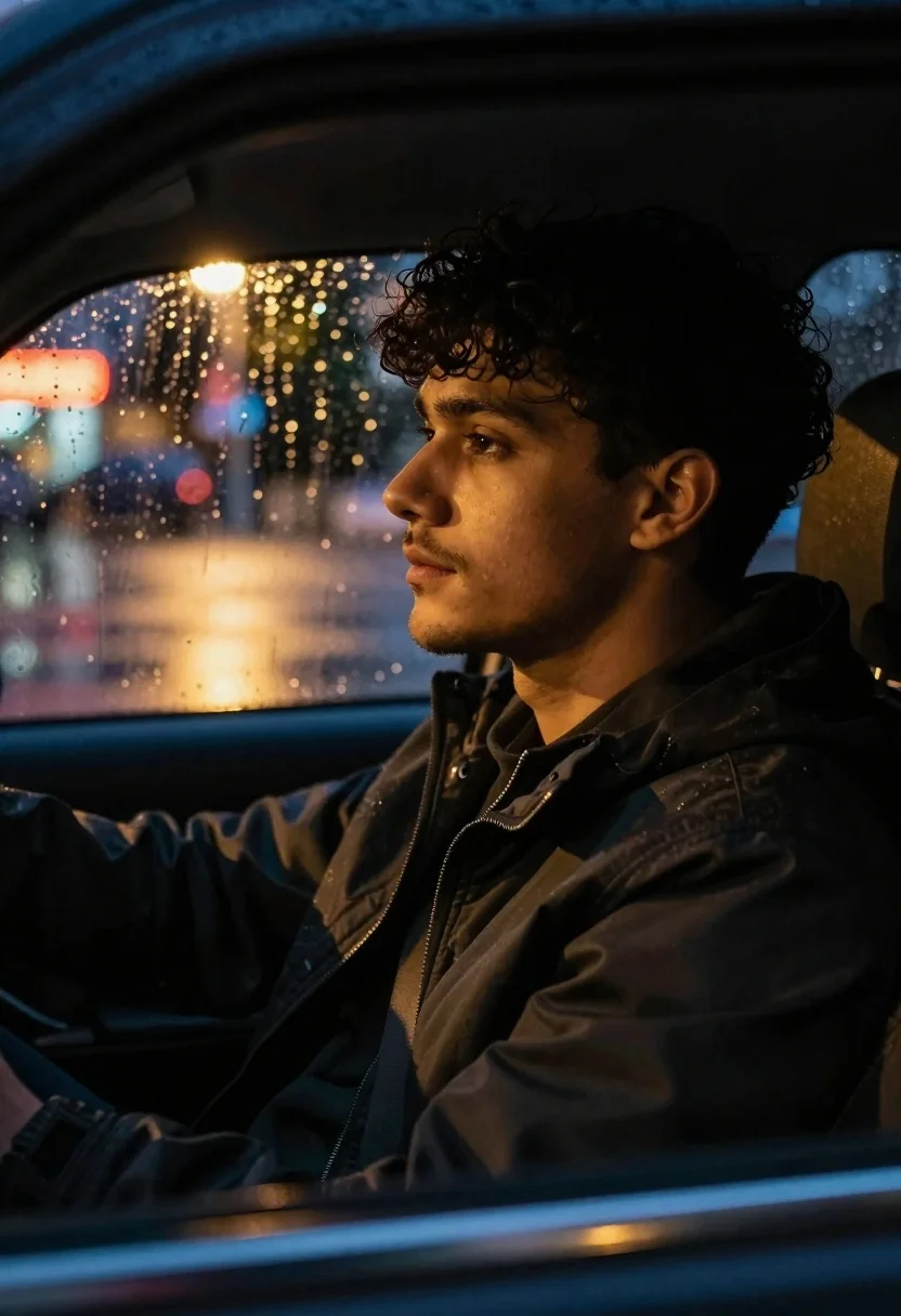 Young man in car looking out through rainy window at night - AI generated image prompt sample