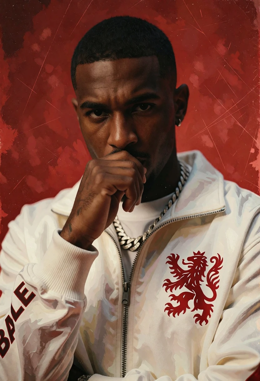 Man in white jacket against red textured background contemplative portrait - AI generated image prompt sample