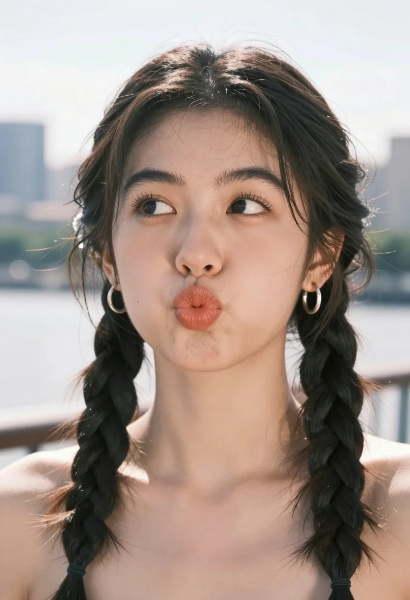 Close up portrait of young woman making playful pouty face outdoors - AI generated image prompt sample
