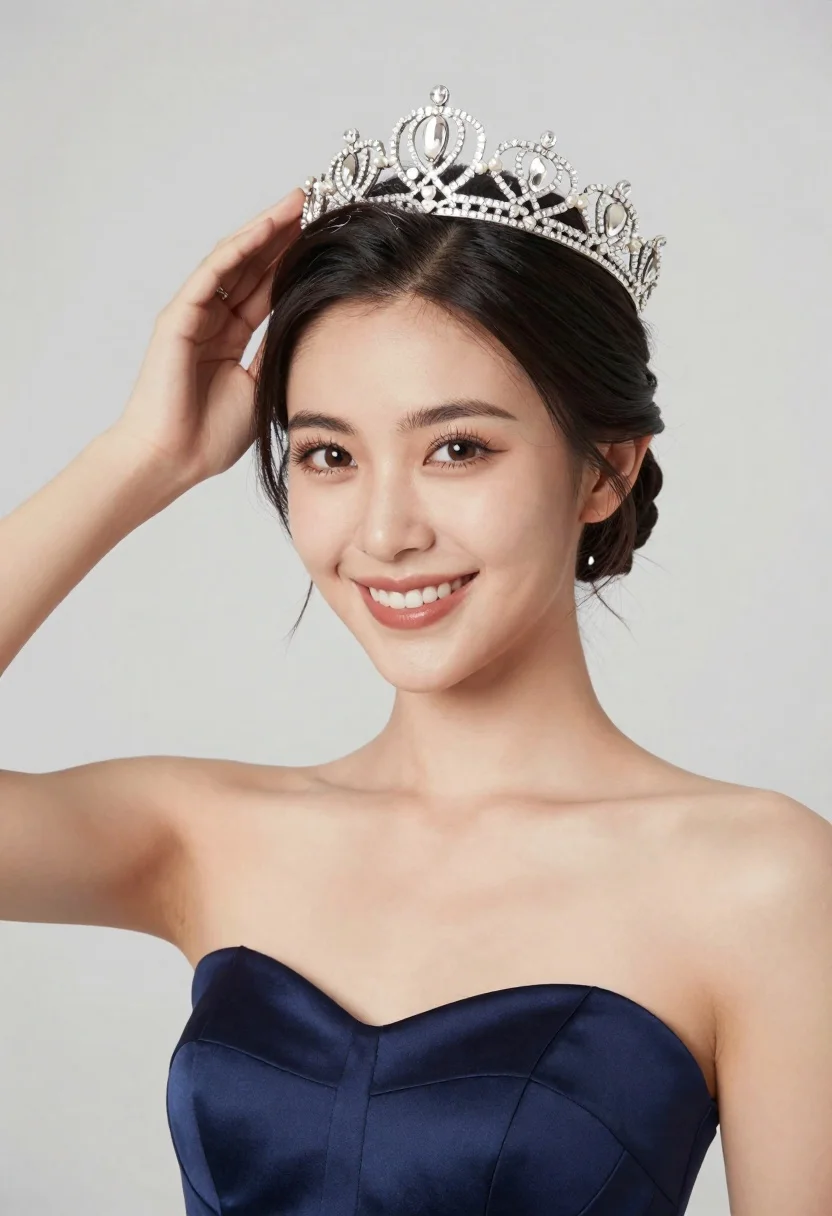 Smiling woman in navy blue satin gown touching diamond pearl tiara - AI generated image prompt sample