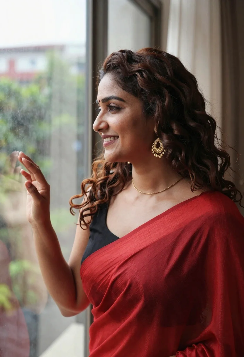 Smiling woman in red draped fabric looking out of large window