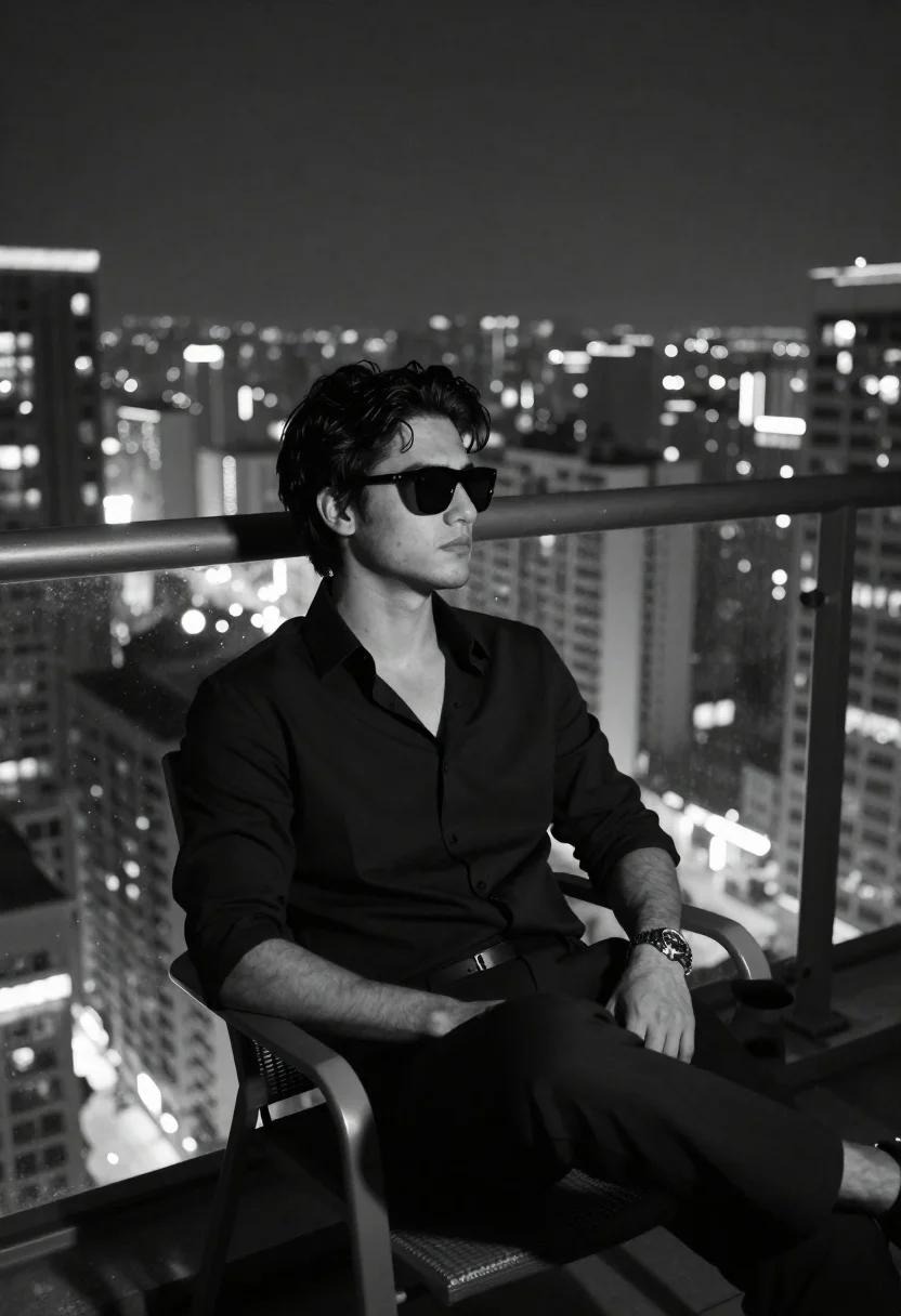 Young man sitting on balcony overlooking sprawling city skyline at night - AI generated image prompt sample